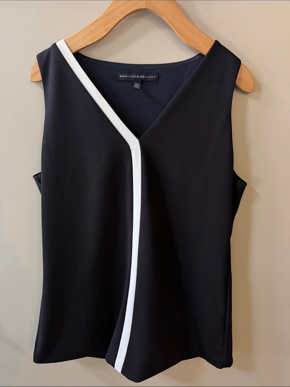 White House Black Market Black Sleeveless V-Neck Blouse with White Trim